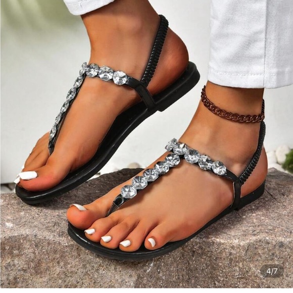 NEW Black Crystal Embellished Sandals! Bohemian Rhinestone Roman Thong Flat - Picture 6 of 11